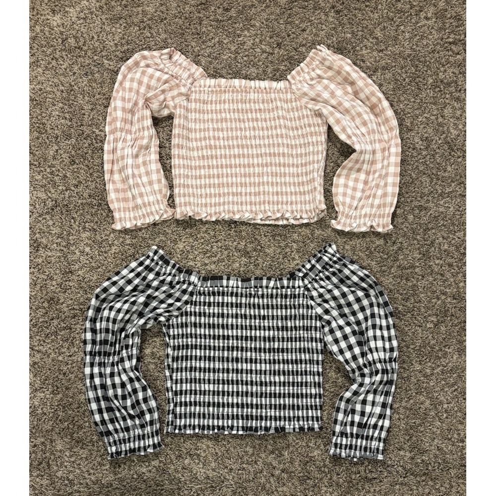 Set Of 2 Mi Ami Smocked Gingham Crop Top Off Shoulder Pink Black Women’s L